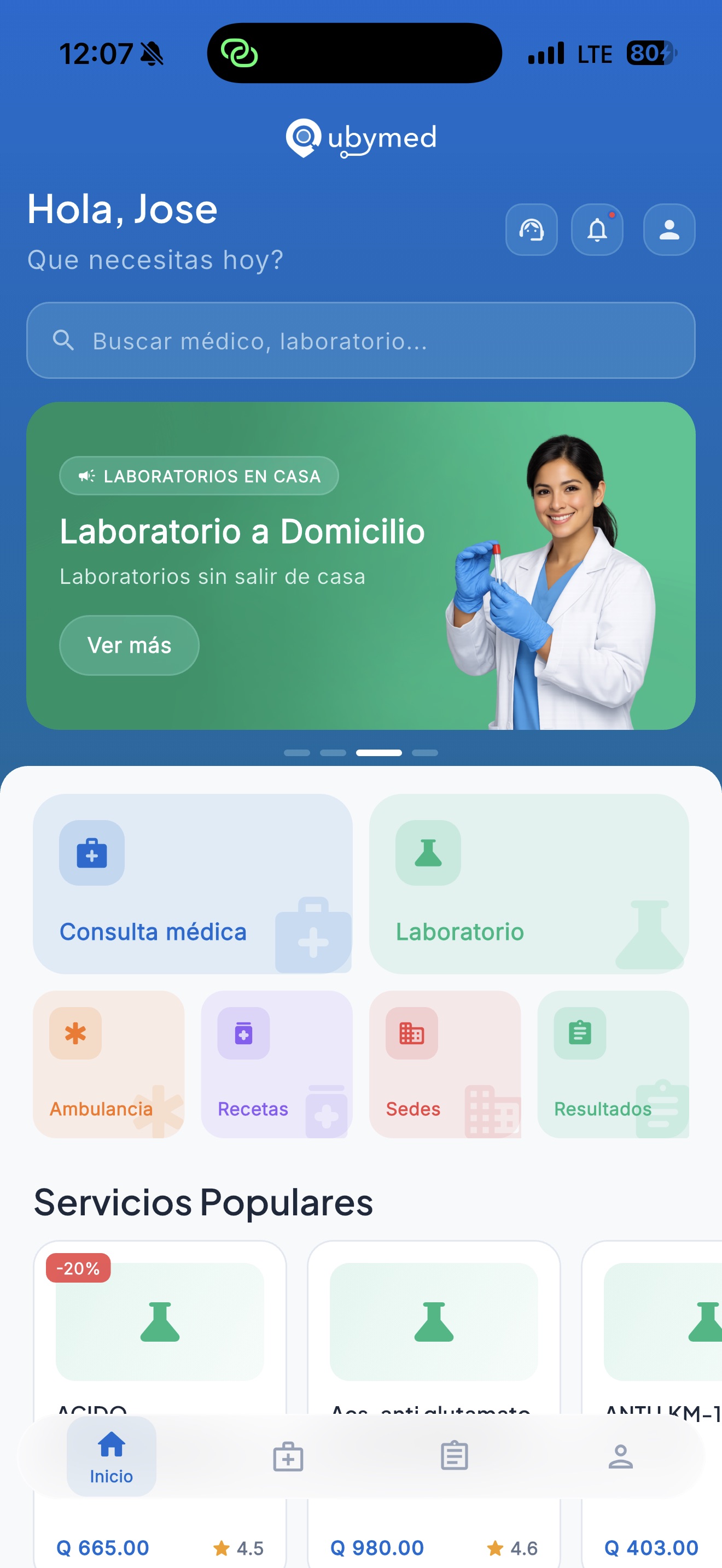 Ubymed - Pantalla principal con servicios